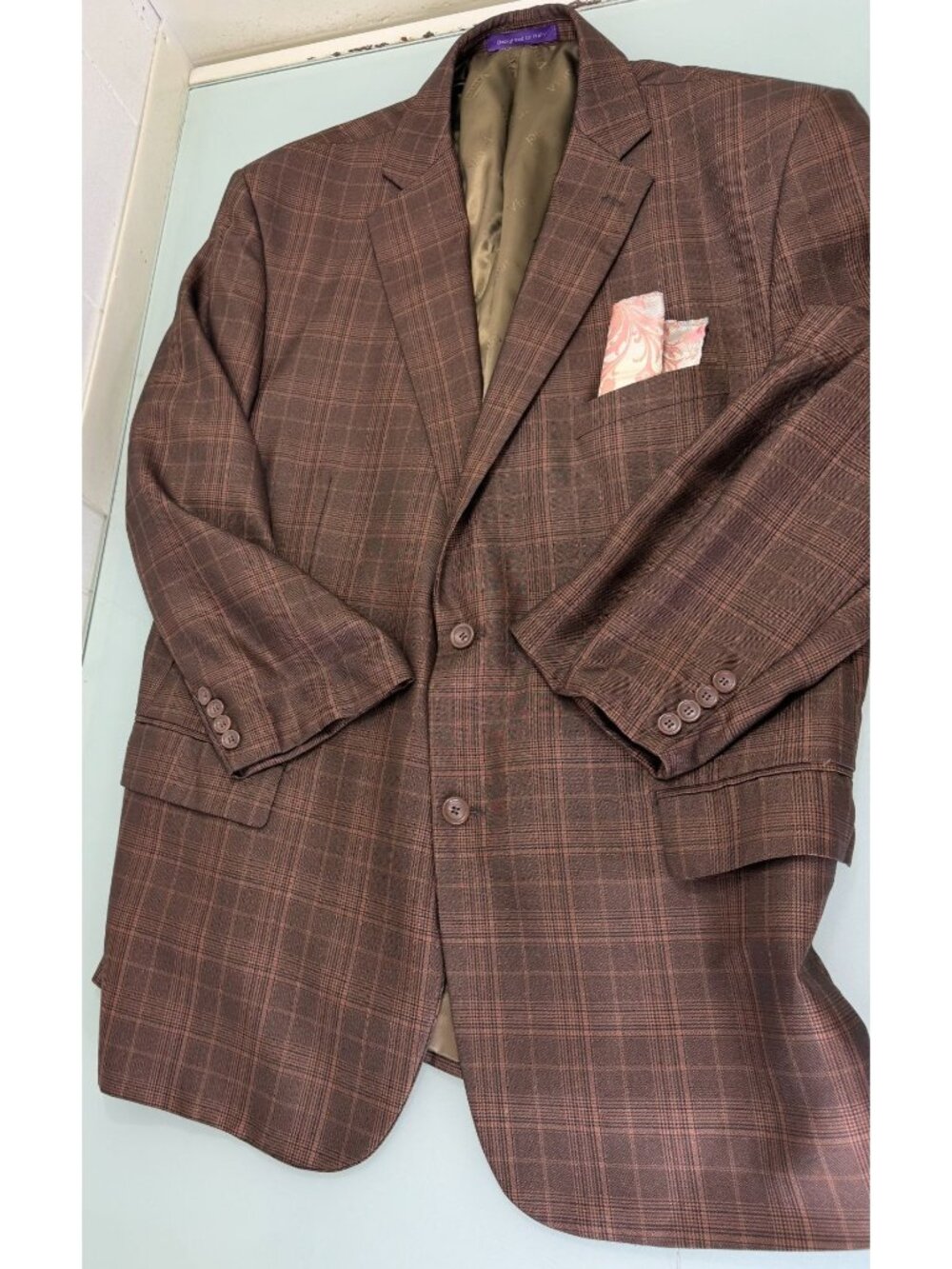 Vinci 3 Piece Suit 50L Blazer 40x30 Pants Vest Brown Plaid 2 Button Double Vent - Picture 2 of 16